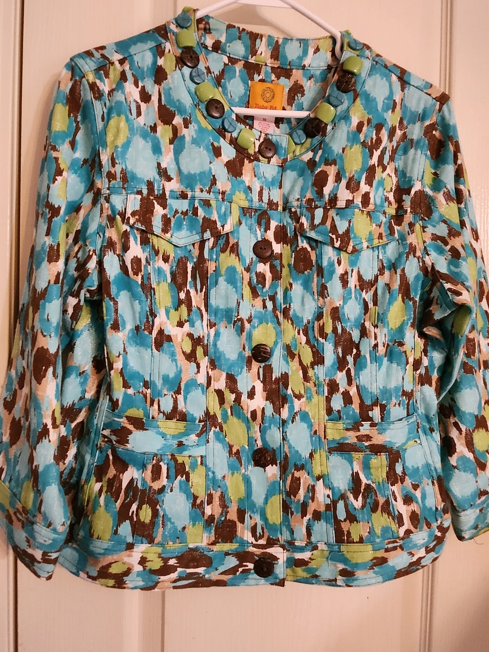 Ruby Rd. Teal, Brown & Lime Snap Front Jacket Stone Collar With Pockets Sz 10